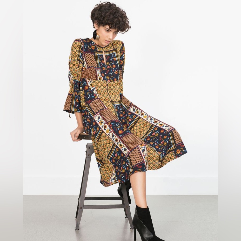 Zara Wms‎ Patchwork Boho Aline Floral Festival Hippie Midi Dress Navy S